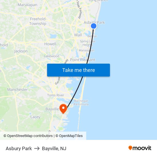 Asbury Park to Bayville, NJ map