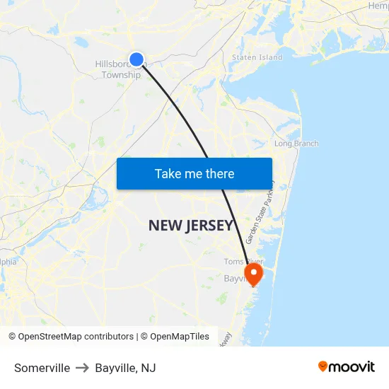 Somerville to Bayville, NJ map