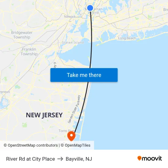 River Rd at City Place to Bayville, NJ map