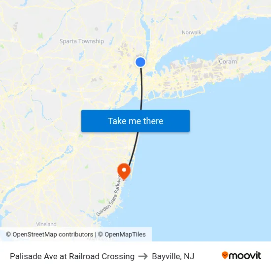 Palisade Ave at Railroad Crossing to Bayville, NJ map