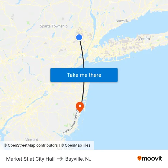 Market St at City Hall to Bayville, NJ map