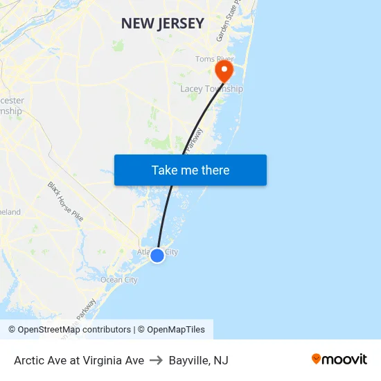 Arctic Ave at Virginia Ave to Bayville, NJ map