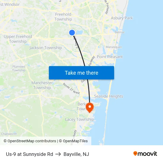 Us-9 at Sunnyside Rd to Bayville, NJ map