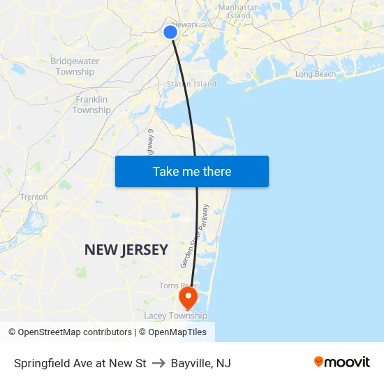 Springfield Ave at New St to Bayville, NJ map