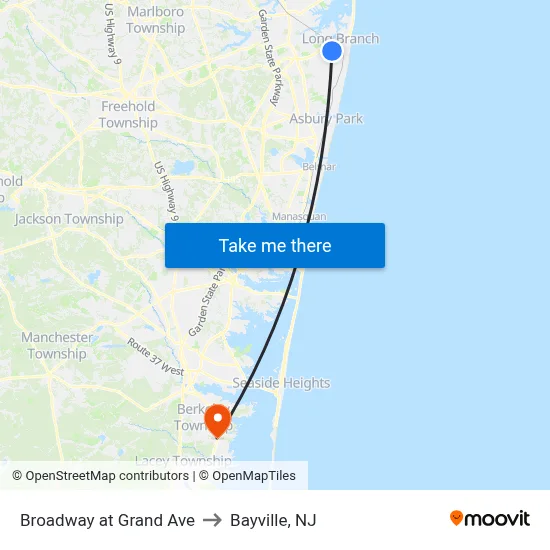 Broadway at Grand Ave to Bayville, NJ map