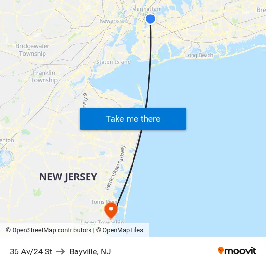 36 Av/24 St to Bayville, NJ map