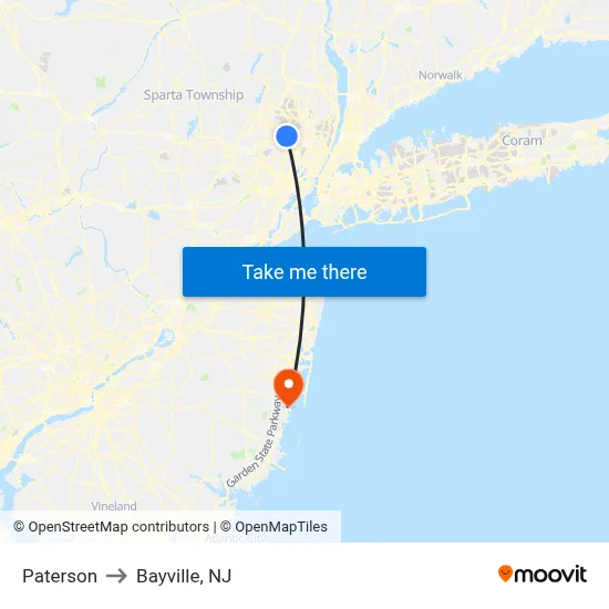 Paterson to Bayville, NJ map