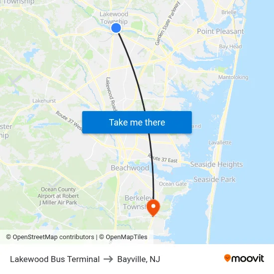 Lakewood Bus Terminal to Bayville, NJ map