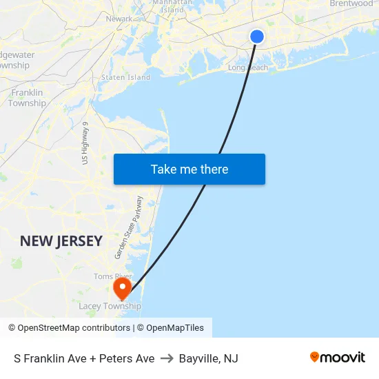 S Franklin Ave + Peters Ave to Bayville, NJ map