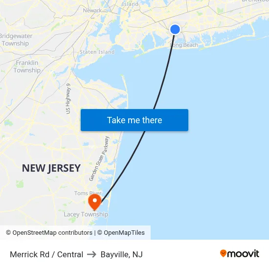 Merrick Rd / Central to Bayville, NJ map