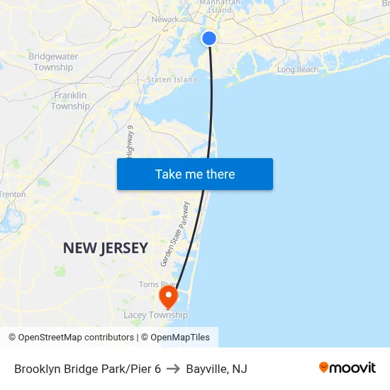 Brooklyn Bridge Park/Pier 6 to Bayville, NJ map