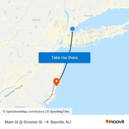 Main St @ Division St to Bayville, NJ map