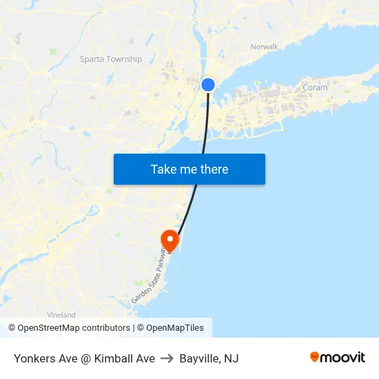 Yonkers Ave @ Kimball Ave to Bayville, NJ map