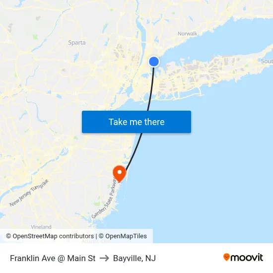 Franklin Ave @ Main St to Bayville, NJ map