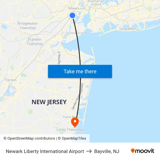 Newark Liberty International Airport to Bayville, NJ map