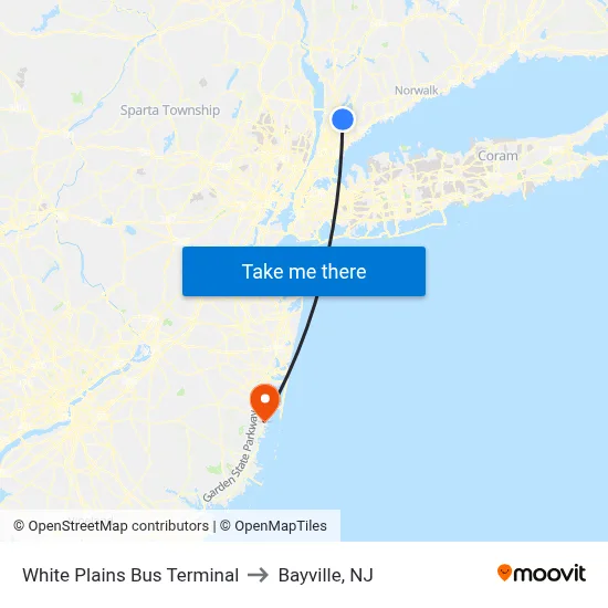 White Plains Bus Terminal to Bayville, NJ map