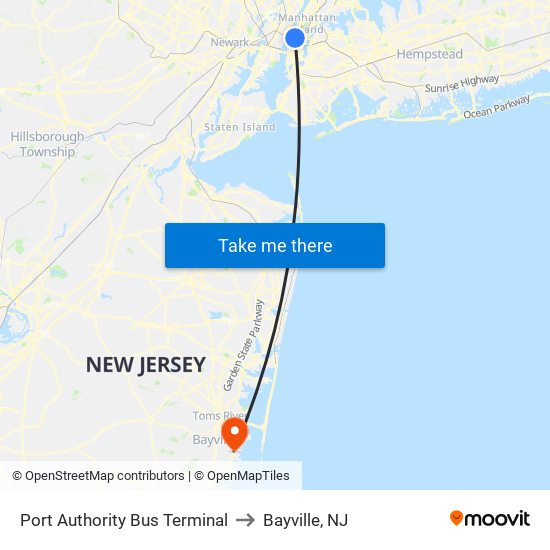 Port Authority Bus Terminal to Bayville, NJ map