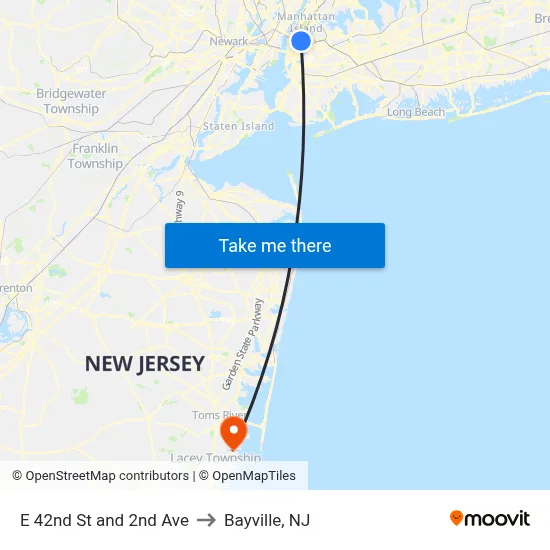 E 42nd St and 2nd Ave to Bayville, NJ map