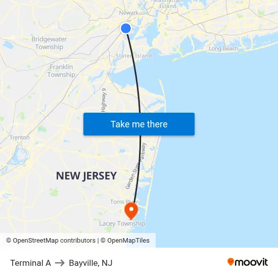 Terminal A to Bayville, NJ map