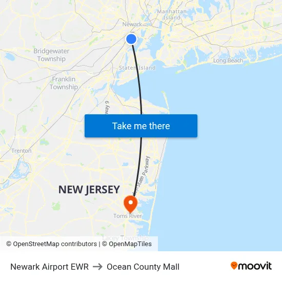 Newark Airport EWR to Ocean County Mall map