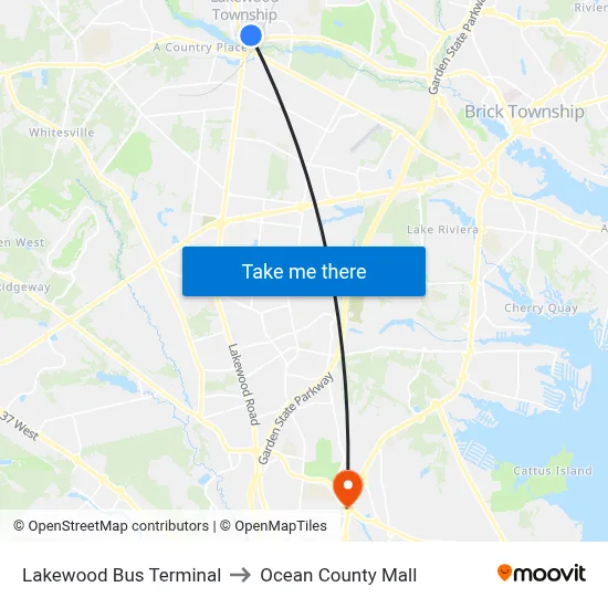 Lakewood Bus Terminal to Ocean County Mall map