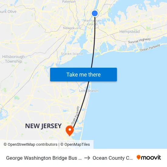 George Washington Bridge Bus Terminal to Ocean County College map