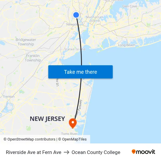 Riverside Ave at Fern Ave to Ocean County College map