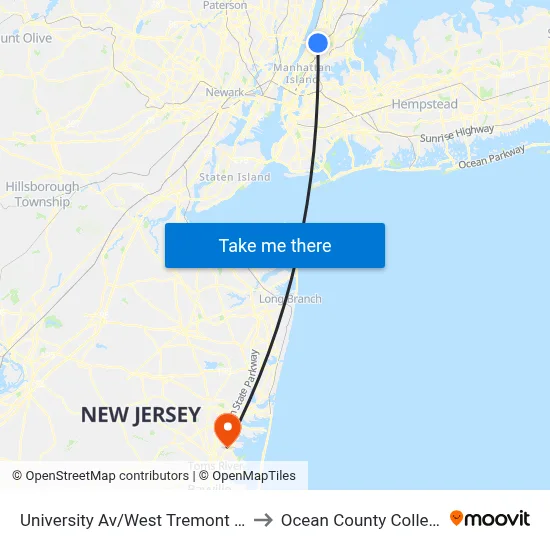University Av/West Tremont Av to Ocean County College map
