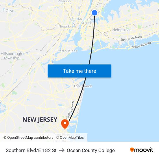 Southern Blvd/E 182 St to Ocean County College map
