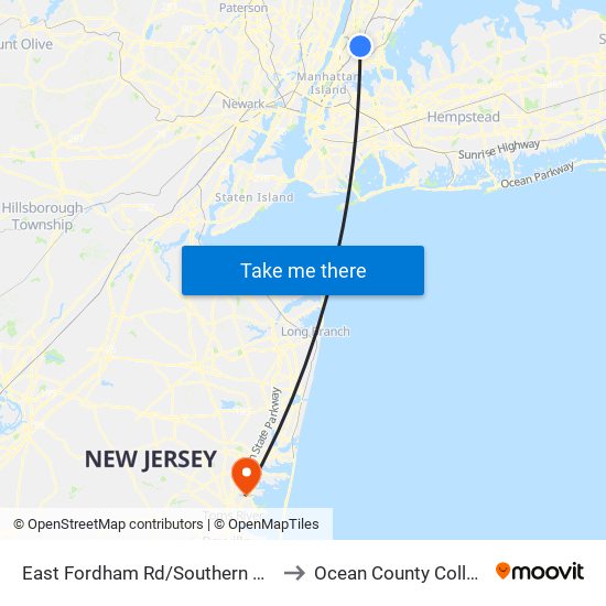 East Fordham Rd/Southern Blvd to Ocean County College map