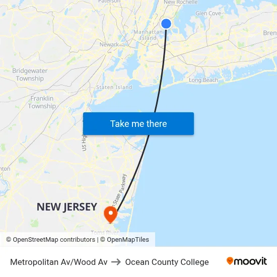 Metropolitan Av/Wood Av to Ocean County College map