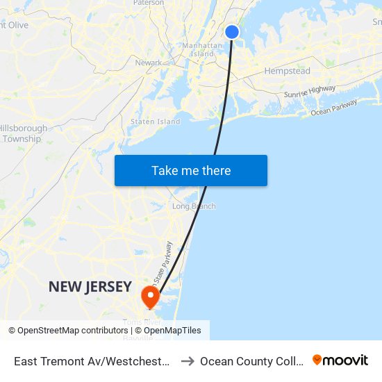 East Tremont Av/Westchester Av to Ocean County College map