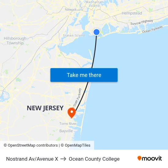 Nostrand Av/Avenue X to Ocean County College map