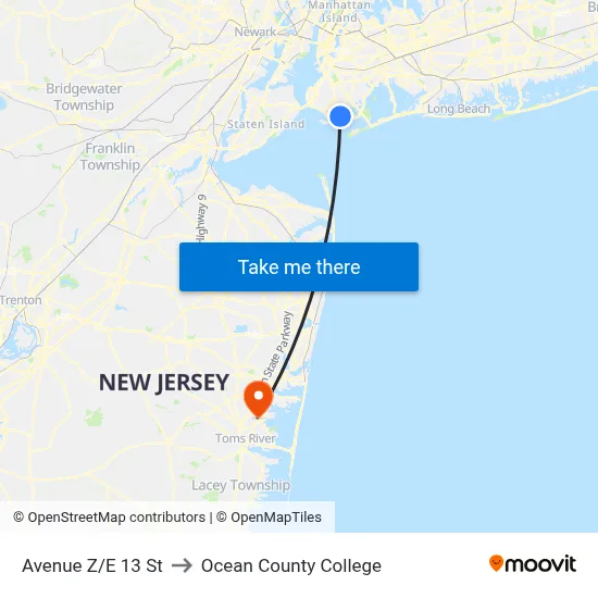 Avenue Z/E 13 St to Ocean County College map