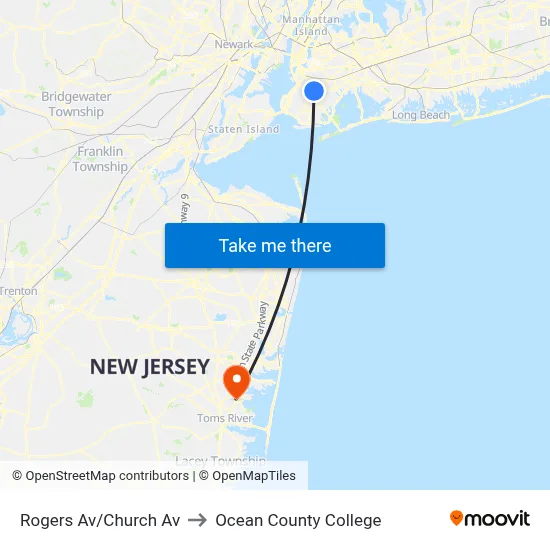Rogers Av/Church Av to Ocean County College map
