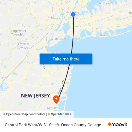 Central Park West/W 81 St to Ocean County College map