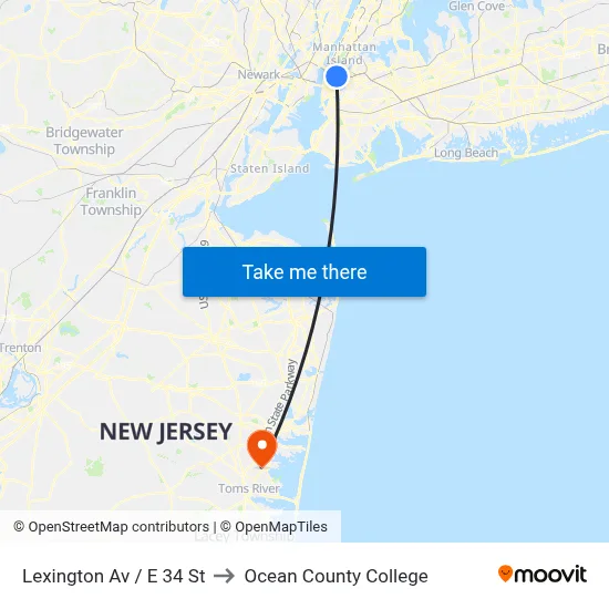 Lexington Av / E 34 St to Ocean County College map