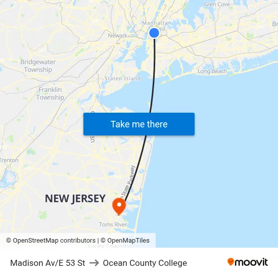 Madison Av/E 53 St to Ocean County College map