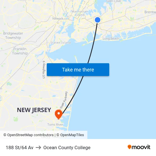 188 St/64 Av to Ocean County College map