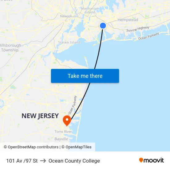 101 Av /97 St to Ocean County College map