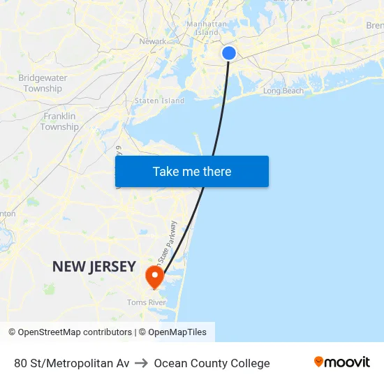 80 St/Metropolitan Av to Ocean County College map