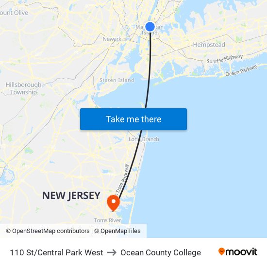 110 St/Central Park West to Ocean County College map