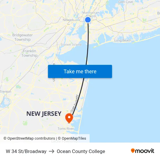 W 34 St/Broadway to Ocean County College map