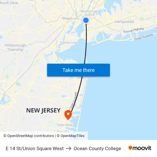 E 14 St/Union Square West to Ocean County College map