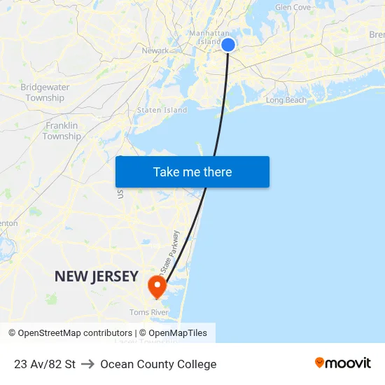23 Av/82 St to Ocean County College map