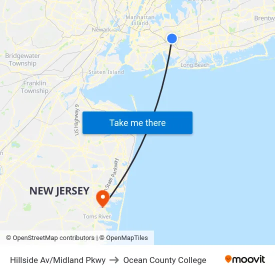 Hillside Av/Midland Pkwy to Ocean County College map