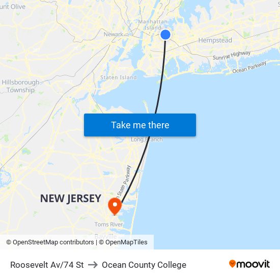 Roosevelt Av/74 St to Ocean County College map