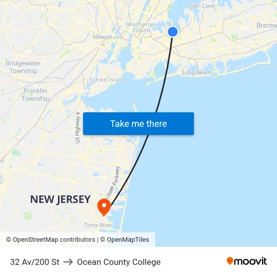32 Av/200 St to Ocean County College map