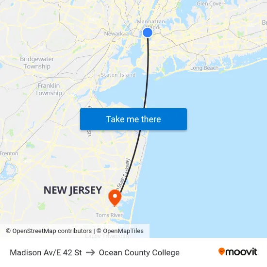 Madison Av/E 42 St to Ocean County College map