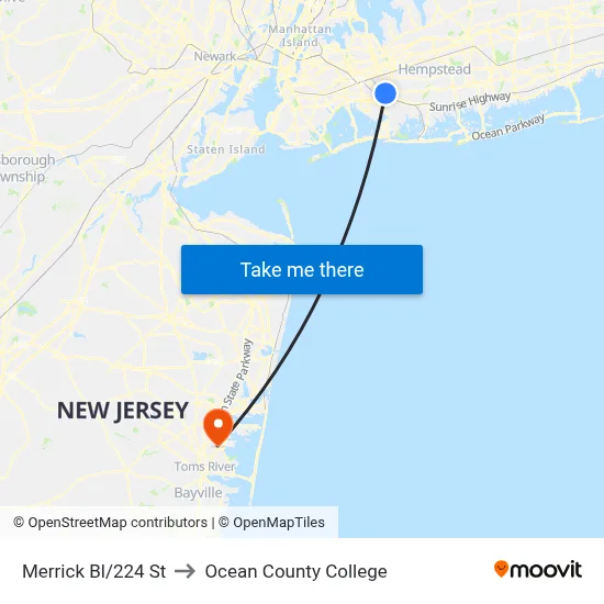 Merrick Bl/224 St to Ocean County College map